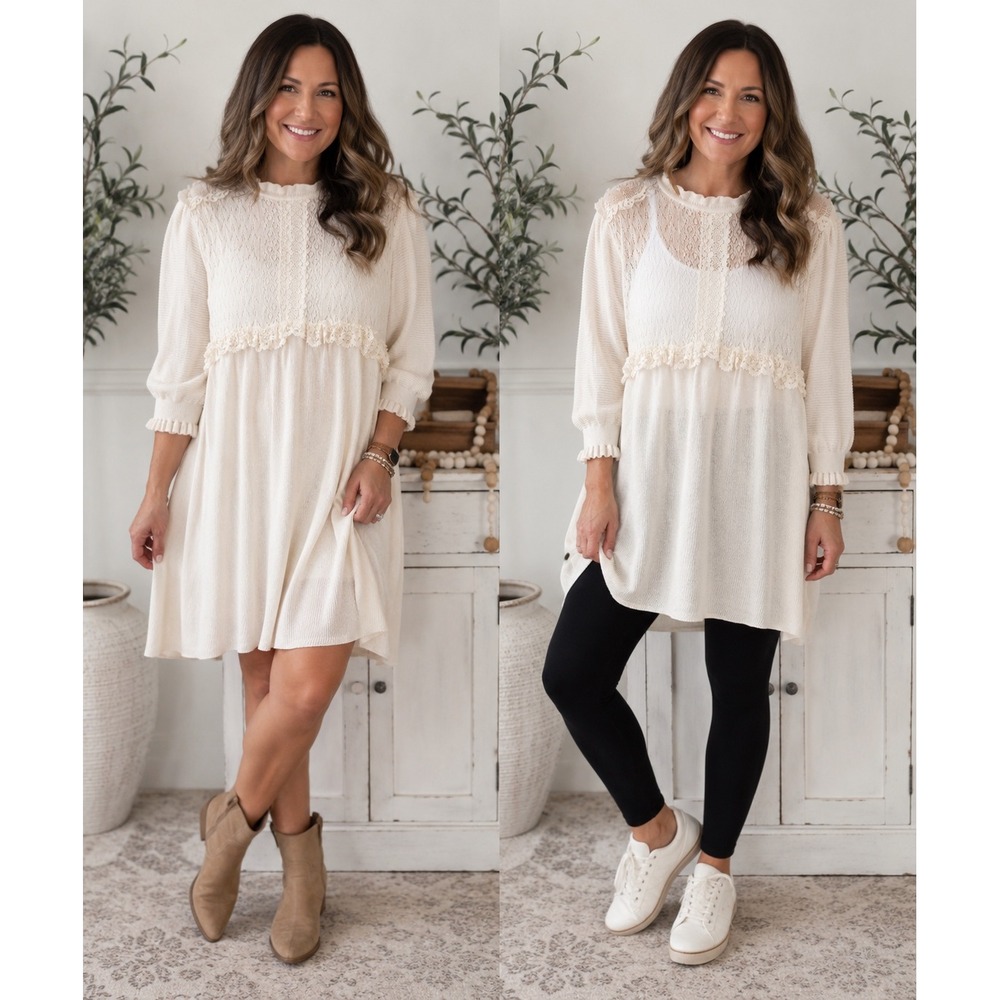 Zara Cream Pointelle Knit Lace Trim Midi Sweater Dress Women's Medium